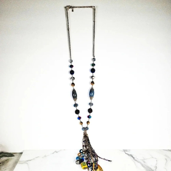 Glass Bead Tassel Necklace Long Vibrant Oil Slick Purple Blue Green Cera… - Picture 7 of 10